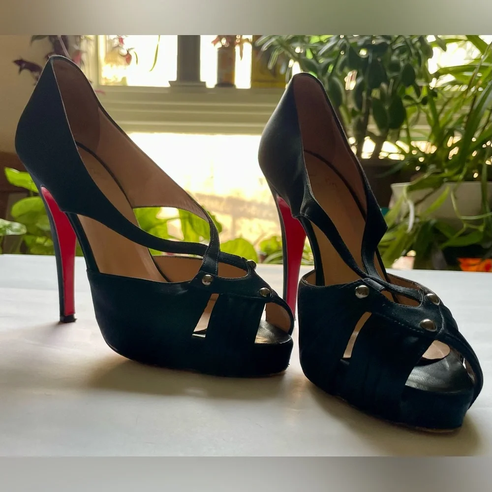 Christian Louboutin Satin Studded Accents T-strap Pumps - Picture 10 of 16